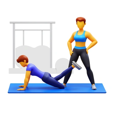 A personal trainer demonstrating the glute bridge exercise to a client. The personal trainer is in a confident stance, showing clear instructions. The client is lying on their back on a gym mat, knees bent and feet flat, preparing to lift their hips. The trainer has short hair and is wearing a fitted workout outfit. The gym setting includes exercise equipment in the background. Both individuals are focused on the exercise, conveying determination and motivation.