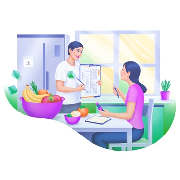 A nutritionist standing in a vibrant kitchen, surrounded by colorful fruits and vegetables. The nutritionist is holding a clipboard with a detailed meal plan visible. The client, sitting across the table, is listening attentively with a notepad in hand. Brightly-colored kitchen utensils and a fruit bowl filled with apples, bananas, and oranges decorate the countertop. Sunlight streams through a window, highlighting the cheerful atmosphere of the kitchen.