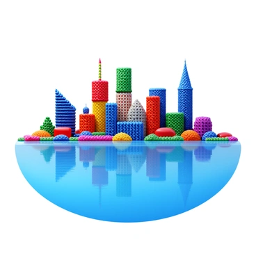 A serene water surface reflecting a skyline composed entirely of colorful microplastics. The skyline features various buildings and structures with sharp angles and varying heights, all crafted from different sizes and shapes of microplastics. The water is calm, creating a mirror-like effect that vividly displays the vibrant hues of the microplastics. The scene captures the intricate details of the materials, showcasing the textures and colors of the plastic waste as it forms the cityscape.