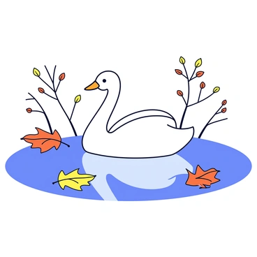 A white swan gliding gracefully on the still waters, its reflection perfectly mirrored on the surface. Around the swan, vibrant orange and yellow autumn leaves float gently on the water, creating a colorful border. The backdrop features a few bare tree branches with scattered leaves, enhancing the autumnal scene. The overall composition conveys a tranquil yet striking image of nature.