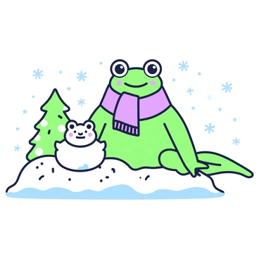 A frog is standing in a snowy landscape, wearing a cozy scarf wrapped around its neck. It has big eyes and a cheerful expression. In front of the frog, there is a small snowfrog being constructed. The snowfrog has a rounded body and features like a smile and tiny eyes. The ground is covered with a blanket of snow, and small snowflakes are gently falling from the sky. Nearby, a few pine trees are dusted with snow, adding to the winter scene.
