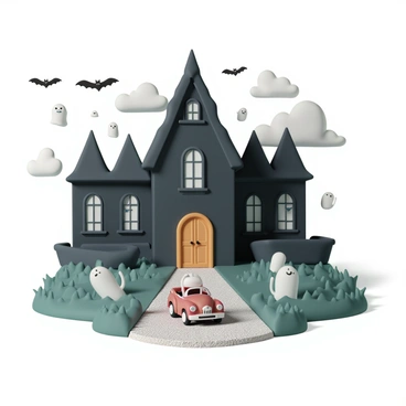 A small red toy car parked on a gravel pathway in front of a large, eerie mansion with dark, twisted architecture. The mansion has multiple tall windows with cracked glass, and its wooden doors are slightly ajar. Surrounding the mansion are several translucent ghosts floating in the air, and a few black bats are seen flying overhead against a cloudy night sky. The grass around the pathway is uneven and overgrown, adding to the spooky atmosphere of the setting.