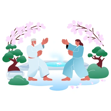 An elderly couple is practicing tai chi in a traditional Japanese garden filled with lush greenery. The man is wearing a loose-fitting white garment, and the woman is dressed in a flowing light blue outfit. They stand in a tranquil, poised stance, surrounded by well-maintained bonsai trees and a small stone lantern. A serene pond with koi fish glimmers in the background, and delicate cherry blossom branches frame the scene, with soft petals scattered on the ground. The atmosphere is peaceful and harmonious, inviting a sense of calm.