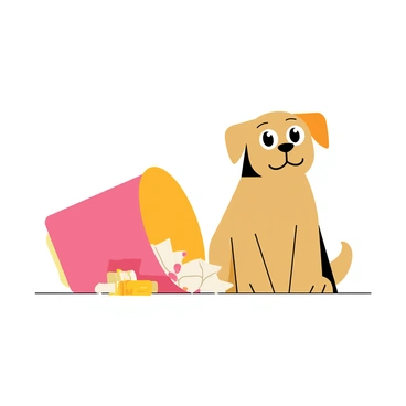 A brown dog with floppy ears is sitting next to a tipped-over trash can. The trash can is filled with crumpled papers and discarded food wrappers spilling out onto the floor. The dog has wide, innocent eyes and a slightly tilted head, displaying a guilty expression. Its tail is tucked between its legs, and there's a small piece of food resting on its nose, adding to the sense of mischief.