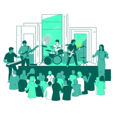 A teal band is performing live music on a stage set up in front of a white Art Deco venue. The band consists of a singer with a microphone, a guitarist, a drummer, and a keyboardist, all focused on their instruments. Colorful lights illuminate the stage, casting vibrant shadows. The venue features geometric patterns and intricate architectural details typical of Art Deco style. An audience in casual attire is gathered in front of the stage, some dancing and others enjoying the performance.
