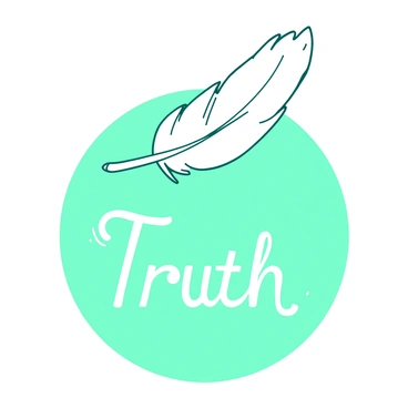 A white feather is gently floating down from above, its delicate edges slightly ruffled by a soft breeze. As it descends, it leaves a faint trail behind it that spells out the word "Truth" in elegant, flowing letters. The letters appear to shimmer subtly, as if infused with light, and curve gracefully in the air, connecting with the feather's path. The background is a soft gradient of teal and white, enhancing the ethereal quality of the scene.