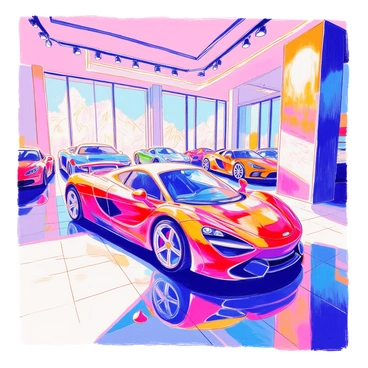 A luxurious car showroom features polished marble floors and high-end finishes. In the center of the room, a shiny, new sports car is displayed prominently under a bright spotlight. The car is a sleek design with a glossy red exterior and aerodynamic curves. Surrounding the car, there are large glass windows showcasing various exotic car models, reflecting the vibrant lights of the showroom. The walls are adorned with elegant artwork, and the ceiling has a modern architectural design with recessed lighting.