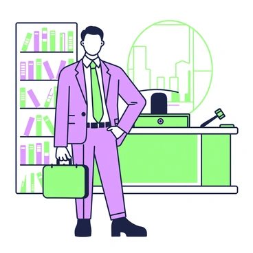 A lawyer is standing confidently with a serious expression. He is wearing a sharp suit that is well-fitted, featuring a tailored jacket and dress pants. His shirt is crisp and he has a sleek tie. He is holding a briefcase in his left hand, and his right hand is positioned on his hip. In the background, there are tall bookshelves filled with legal books and a large wooden desk with a gavel on it. A window behind him shows a city skyline.