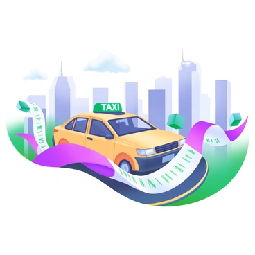 A modern pastel illustration depicting a taxi driving along a road that is paved with long, colorful receipt trails. The taxi is a bright yellow color, with the word "TAXI" prominently displayed on its roof. Surrounding the taxi are various receipts in different lengths and colors, forming a unique textured road. In the background, a city skyline can be seen, with buildings of varying heights and designs. The sky is clear, showcasing a few fluffy clouds.