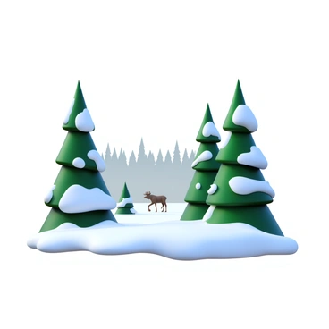 A taiga forest in winter with snow-covered pine trees and a distant moose silhouette