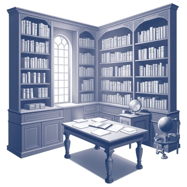 An antique library filled with tall wooden shelves, each stacked with dusty, old law books. The shelves are intricately carved, showcasing detailed patterns. A large wooden table sits in the center of the room, covered in scattered papers and an open book. A vintage globe rests on a side table, and sunlight filters through tall, arched windows, casting shadows across the floor. The air is thick with a sense of history and knowledge.