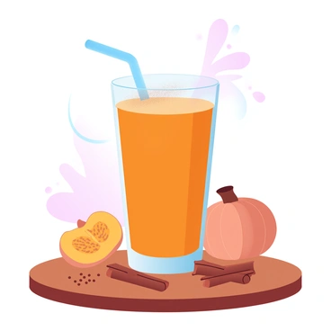 A tall glass filled with a vibrant orange butternut squash smoothie sits on a wooden table. The smoothie has a smooth texture, topped with a light sprinkle of cinnamon. A colorful straw is inserted into the glass, curving slightly above the rim. Beside the glass, there are whole butternut squashes and a sprinkle of cinnamon sticks, adding to the fresh ingredients theme. The background features soft gradient pastel colors, enhancing the overall freshness of the scene.
