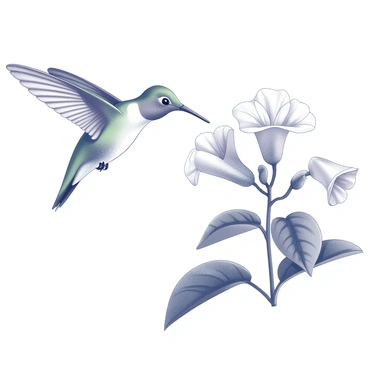 A "hummingbird" is hovering in mid-air, its wings a blur from rapid motion. It is delicately feeding from a "honeysuckle blossom," which features trumpet-shaped flowers with elongated petals. The bird's long, slender beak is pointed into the center of the flower, where the nectar is located. The scene captures the details of the bird's iridescent feathers and the intricate texture of the honeysuckle petals, highlighting the moment of feeding. Surrounding the blossom, there are lush green leaves that provide a natural backdrop, enhancing the focused interaction between the "hummingbird" and the "honeysuckle blossom."