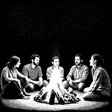 A small camp of survivors is gathered around a crackling fire. They are sitting on the ground, with a few makeshift logs forming a circle. Each survivor has a distinct appearance, showcasing a mix of rugged clothing and varied expressions as they share stories. Behind them, the starry sky is filled with countless stars, creating a stark contrast against the darkness. The firelight dances upon their faces, illuminating their features and casting long shadows. Some of them are leaning in, while others are gesturing animatedly, fully engaged in the storytelling experience.