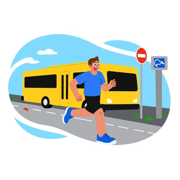 A person running towards a bus that is just pulling away, with a dramatic expression.