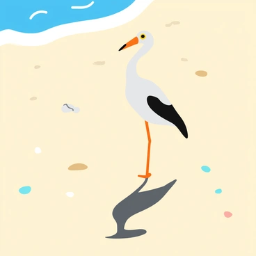 A tall crane standing on a sunny sandy beach, with its shadow prominently cast on the ground. The shadow forms a striking silhouette against the light-colored sand. The beach is scattered with small pebbles and seashells, and a few gentle waves can be seen lapping at the shore in the background. The sun is high in the sky, illuminating the scene and accentuating the contrast between the crane's shadow and the beach.