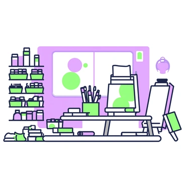 An art supply store interior features shelves filled with various art materials. On the left side, there are several green and purple shelves stacked with a range of paint tubes in different sizes. Next to these shelves, a collection of green and purple brushes of varying lengths is displayed in a vertical holder. In the center of the store, a large table is covered with an assortment of sketchbooks, some open to reveal blank pages, while others showcase colorful artwork. The back wall is lined with larger canvases, leaning against it, ready for artists. Bright lighting illuminates the entire space, highlighting the vibrant materials.