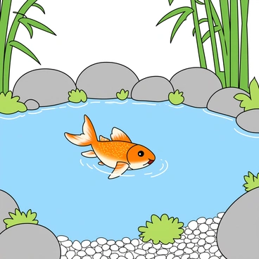 A small, colorful minnow with shimmering scales is swimming gracefully in a serene pond surrounded by smooth stones. The water is clear and reflects the surrounding greenery. There are gentle ripples in the water as the minnow moves. The pond is filled with delicate white pebbles at the bottom, and small patches of vibrant green moss are visible on the edges. The setting includes a few bamboo stalks bending slightly in the breeze, creating a peaceful atmosphere.