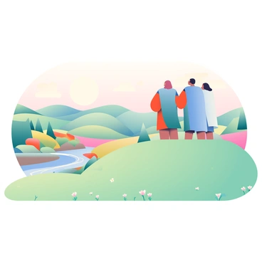 A group of faceless figures is standing on a hilltop, their silhouettes outlined against the sky. The figures are dressed in flowing garments that sway gently in the breeze. In the foreground, the hill is covered with soft green grass and small wildflowers. Below the hill, a vibrant landscape unfolds, featuring rolling hills, patches of trees, and a winding river that glistens in the sunlight. The sky is painted in soft pastel colors, suggesting the early morning or late afternoon. The figures seem to be gazing towards the horizon, taking in the expansive view before them.