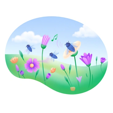 A sunny meadow filled with green grass and colorful wildflowers. The sky is clear blue, with a few fluffy white clouds. In the foreground, there are numerous cicadas perched on the stems of the flowers, some blending in with their surroundings. Visible sound waves are illustrated as gentle, wavy lines radiating outwards from the cicadas, suggesting the melodies of their songs. The overall scene conveys a vibrant and lively atmosphere, showcasing the beauty of nature.