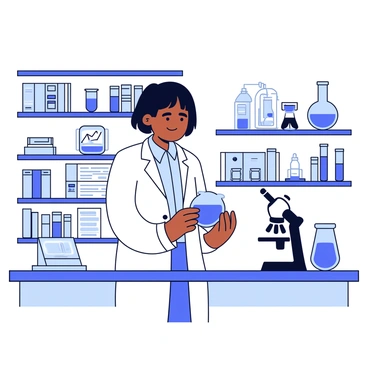A woman scientist wearing a white lab coat with short black hair is standing in a high-tech laboratory. She is focused on a glass beaker filled with a bright blue liquid. The laboratory is equipped with various scientific instruments, including a microscope, test tubes, and digital screens displaying data. There are shelves lined with books and additional lab equipment in the background. The lighting is bright, highlighting the clean surfaces and modern design of the lab.
