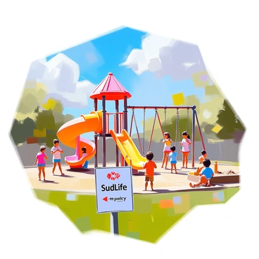 An outdoor playground filled with children engaged in various activities. A group of children are swinging on swings, while others are sliding down a brightly colored slide. Some kids are playing tag on the grass, and a few are building sandcastles in a sandbox nearby. In the foreground, a SudLife policy sign stands prominently, clearly visible, marking the area. The sky above is a vivid blue with a few fluffy white clouds drifting. The playground equipment is painted in bright primary colors, contributing to the lively atmosphere of the scene.