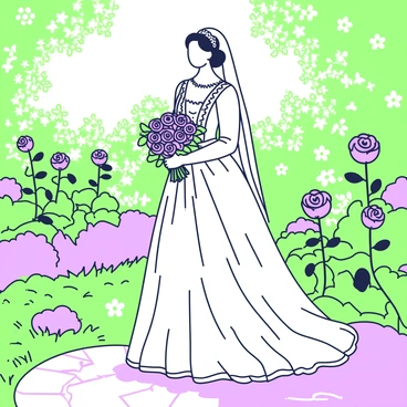 A Victorian bride stands elegantly in a lush garden. She is wearing a detailed white wedding gown adorned with lace and intricate beading. Her veil cascades down her back, catching the light gently. In her hands, she holds a stunning bouquet filled with roses of varying sizes and shapes. The garden around her is abundant with blooming flowers, green foliage, and a stone pathway winding through the scene. Sunlight filters through the leaves, creating dappled patterns on the ground.
