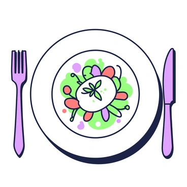 A beautifully arranged plate featuring the main dish at a gourmet restaurant. The dish is centered on a white porcelain plate, garnished with a sprig of fresh herbs. Surrounding the main component, there are vibrant vegetables arranged artistically. A drizzle of sauce is artfully placed around the dish, adding an elegant touch. In the background, a dark wood table serves to enhance the presentation of the dish, while subtle reflections of light can be seen on the plate's surface. A fork and knife, positioned neatly alongside the plate, complete the setting.
