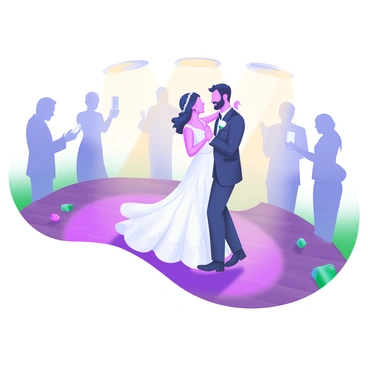 A newlywed couple is sharing their first dance on a polished wooden floor. They are surrounded by soft, glowing lights that create a warm ambiance. The couple is dressed elegantly, with the bride in a flowing white gown adorned with delicate lace and the groom in a tailored black suit. Above them, a gentle spotlight highlights their joyful expressions. In the background, faint silhouettes of guests are seen clapping and capturing the moment on their phones. A few scattered rose petals are on the floor, adding a touch of romance to the scene.