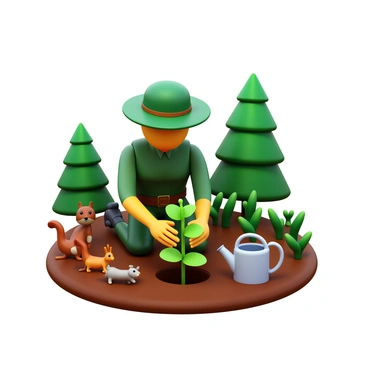 A wildlife ranger wearing a green uniform and a wide-brimmed hat is kneeling on the ground. The ranger is carefully planting a small tree seedling in rich, dark soil. Surrounding the ranger, there are various plants and small wildlife, such as a squirrel and a bird, observing the activity. The ranger's hands are gently placing the seedling into a prepared hole, and a small watering can is nearby, ready to water the newly planted seedling. In the background, there are lush trees and a clear sky, emphasizing the theme of nature conservation.
