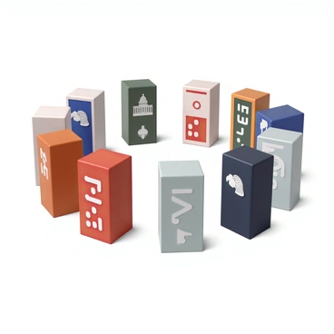 A circle made up of colorful dominoes, each domino designed to represent a different branch of government. The dominoes are arranged standing upright, showcasing distinct colors and symbols that signify their respective branches. For example, one domino is decorated with a gavel for the judiciary, another features a capitol building for the legislative branch, and a third has a bald eagle representing the executive branch. The background is simple, emphasizing the arrangement of the dominoes, which are all aligned perfectly to form an unbroken circle.