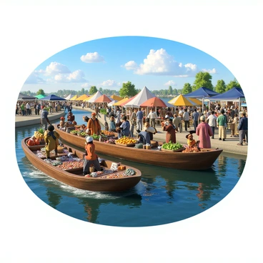 A bustling riverside market scene featuring several merchants trading goods from a large, wooden barge. The barge is filled with various goods, including colorful fruits, vegetables, and textiles. Merchants of diverse ethnicities are actively engaging with customers, exchanging items and coins. The market is lively, with people interacting and negotiating prices. In the background, there are tents and stalls displaying more products, with shoppers browsing. The river flows calmly beside the market, reflecting the vibrant activity on the shore. The sky is clear with a few fluffy clouds, suggesting a pleasant day for trade.