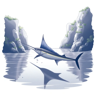 A sailfish swimming gracefully through clear waters in a tranquil lagoon. The sailfish has a long, slender body and a large, colorful dorsal fin that is raised prominently. The lagoon is bordered by steep cliffs that rise sharply on either side, with rocky surfaces partially covered in greenery. Sunlight filters through the water, creating soft ripples and illuminating the underwater scene. Small fish can be seen darting around the sailfish, while gentle waves lap against the cliffs, enhancing the serene environment.