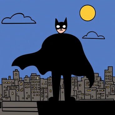 A masked vigilante with a muscular build and wearing a dark, fitted suit stands on the edge of a rooftop, overlooking a sprawling cityscape at night. The vigilante has an expressive mask that partially covers their face, with eye holes that glow faintly. The city below is dotted with bright lights from buildings and street lamps, casting a soft glow in the darkness. The sky is deep blue with a few scattered clouds, and a full moon shines brightly, illuminating the scene. The vigilante's cape flutters gently in the wind, adding a sense of movement to the still night.