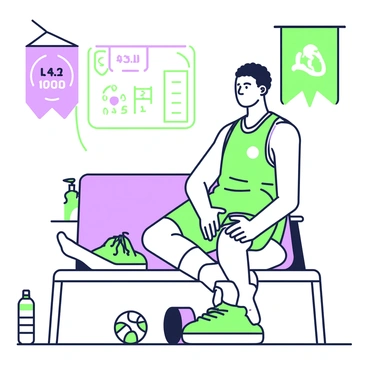 An athlete, representing Kobe, is sitting on a bench in a gym. He has short hair and is wearing a basketball jersey. His right leg is elevated on a foam roller, and a bandage is wrapped around his knee. He is looking ahead with a determined expression, his hands resting on his thighs. Nearby, there is a water bottle and a basketball on the floor. In the background, there are banners hanging from the ceiling, and a scoreboard showing a close game score.