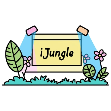 A stage adorned with colorful lighting, casting vibrant hues of green, blue, and orange. The lights create a jungle ambiance, illuminating giant leafy plants and tropical flowers positioned around the stage. A large banner reading "iJungle Illustration Awards" hangs prominently in the background, with bright colors complementing the jungle theme. The floor is decorated with a lush representation of grass and foliage, enhancing the immersive atmosphere.