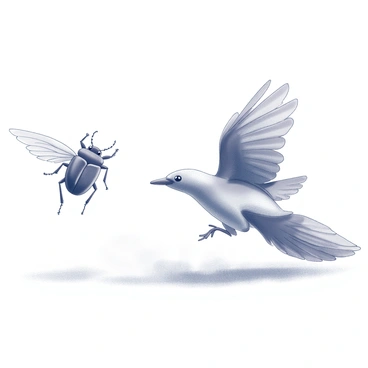 A small beetle is depicted in mid-air, with its wings fully spread as it maneuvers away from a large bird. The bird, with its wings outstretched, is seen in pursuit, showcasing its sharp beak and keen eyes focused on the beetle. The background features a blurred environment, suggesting rapid motion, emphasizing the urgency of the beetle’s escape. The scene conveys a moment of tension as the beetle uses its agility to evade the bird, highlighting the theme of survival in nature.