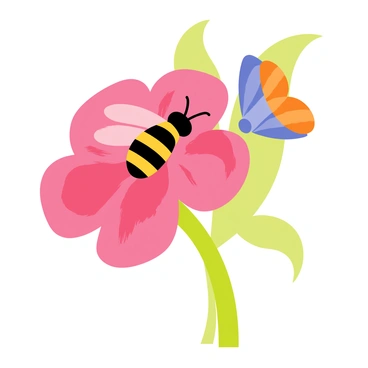A bee with black and yellow stripes is perched on a vibrant pink flower. Beside it, a butterfly with blue and orange wings is also sitting on the same flower. The flower has large, delicate petals and a bright green stem. Sunlight casts gentle shadows on the petals, highlighting the textures of both the bee and the butterfly. The background features soft green leaves, creating a natural setting for the scene.