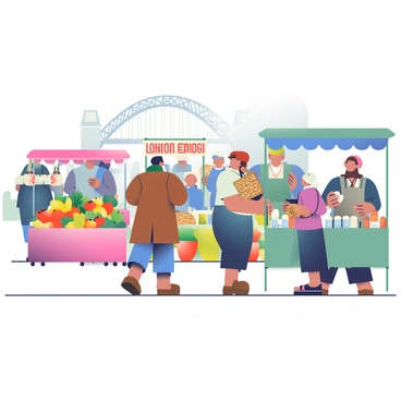 A bustling historical market scene is set near "London Bridge." Several vendors with various stalls are selling goods. One stall features colorful fruits and vegetables, showcasing bright red apples, yellow bananas, and leafy greens. Next to it, a vendor displays an array of handmade pottery, including bowls and mugs with intricate designs. In the background, a group of people are engaged in conversation, some carrying woven baskets filled with goods. A man in a long brown coat is haggling over a piece of fabric at another stall, while a woman in a bonnet examines a selection of spices in small jars. The atmosphere is lively, with people of different ages and backgrounds interacting amidst the vibrant colors and textures of the market.