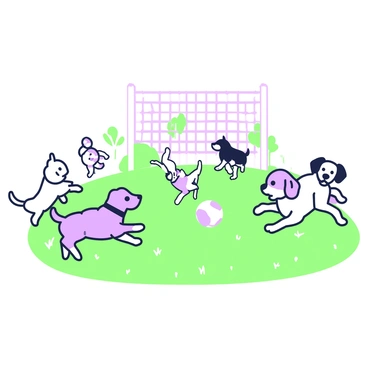 A group of puppies is energetically chasing a soccer ball around a small field. The puppies are of various breeds, including a fluffy golden retriever, a playful beagle, and a tiny dachshund. Some puppies are leaping into the air while others are sprinting on the grass, creating a lively scene. The soccer ball is bright, resting in the center of the field, surrounded by the excited dogs. In the background, there are a few scattered trees and a small fence enclosing the field. The sky overhead is clear, enhancing the joyful atmosphere.