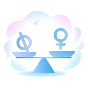 A pair of scales is perfectly balanced in the center of the image. The left side of the scales features a large "male" symbol, while the right side displays a "female" symbol. The scales are placed on a smooth surface, and there is a soft glow emanating from beneath them. The background consists of gradient pastel colors, transitioning from soft pink to light blue, creating a harmonious atmosphere around the scales.