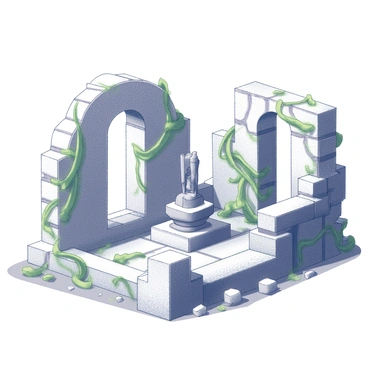 Ancient stone ruins feature crumbling walls and archways, their surfaces intricately textured with age. Thick, green vines coil around the stones, intertwining with remnants of a bygone civilization. At the center of the ruins, a mysterious artifact rests on a pedestal, its form partially obscured by shadows, suggesting an intriguing origin. The surrounding area is littered with smaller stones and debris, hinting at the passage of time and nature's reclaiming of the site. The scene evokes a sense of discovery and ancient history.