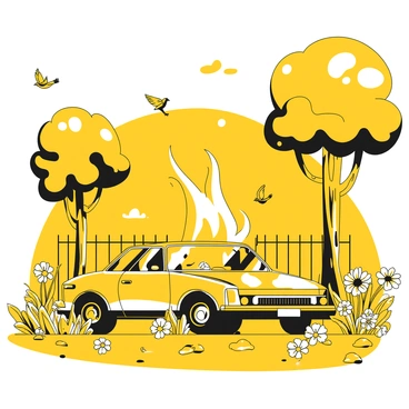 A car explosion in a peaceful garden setting with flowers and trees