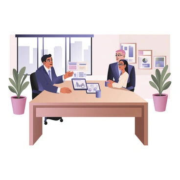 A customer and a banker are seated at a sleek, wooden conference table in a modern office setting. The banker, who has light skin and short black hair, is wearing a navy suit and a light blue shirt. He is gesturing towards a digital tablet displaying graphs and charts. The customer, who has medium skin and long curly hair, is wearing a white blouse and glasses. She is leaning slightly forward, showing interest in the discussion. In the background, large windows let in natural light, revealing a city skyline. There are potted plants in the corners of the office, and a decorative wall with framed financial art pieces. A coffee mug is placed on the table next to the customer.