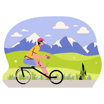 A rider on a recumbent bike is taking a break at a mountain overlook. The bike is sleek and low to the ground, with large wheels and a comfortable seat. The rider, wearing a bright red helmet and sunglasses, is leaning back, gazing at the breathtaking vista in front of them. The landscape features tall, rugged mountains in the distance with snow-capped peaks. Below, a lush green valley stretches out, dotted with patches of colorful wildflowers. The sky is a vibrant blue with fluffy white clouds drifting lazily. The scene captures a sense of tranquility and appreciation for nature's beauty.