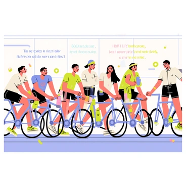 An indoor cycling class filled with energetic participants pedaling on stationary bikes. Each cyclist has a focused expression, immersed in the rhythm of the music. Colorful lights illuminate the room, casting dynamic shadows. The instructor stands at the front, motivating the class with an animated pose. Various water bottles and towels are placed on the bikes. The walls are adorned with inspirational quotes about fitness and motivation, enhancing the lively atmosphere.