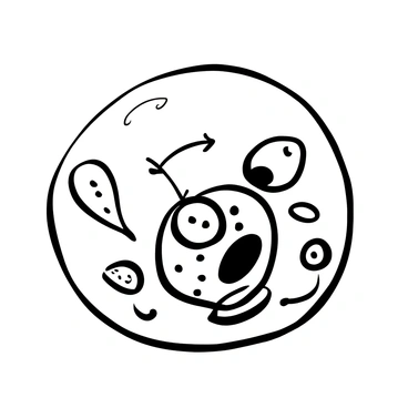 An animal cell depicted inside a translucent bubble, showcasing its various organelles such as mitochondria, endoplasmic reticulum, and nucleus. Labeled arrows point to each organelle from outside the bubble. The bubble contains a slight shimmer effect, illustrating its translucency. The background is blank to emphasize the cell and the bubble structure.