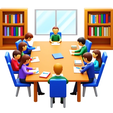 A group of students sitting around a wooden table in a school library. Each student is intently focused on filling out surveys. The table is covered with papers, pens, and a few books. There are shelves filled with books in the background. A large window lets in natural light, illuminating the scene. Some students are discussing amongst themselves while others concentrate silently on their surveys.