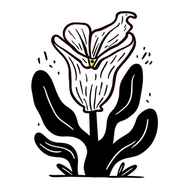 A hand-drawn illustration of a "corpse flower" with large, deep green leaves surrounding a prominent, fleshy bloom. The bloom is depicted with a rich texture, showcasing the wrinkled, maroon petals that curl outward at the edges. There are small details such as veins on the petals and the contrasting yellowish spadix emerging from the center. The background includes a few smaller leaves and a subtle suggestion of the plant's natural habitat.