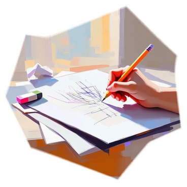 A detailed illustration features a partially finished artwork on a wooden table. In the foreground, a sharpened yellow pencil with a pink eraser is being held by a hand, poised above the paper. An eraser sits nearby, slightly smudged from previous corrections. The page displays intricate sketches and annotations, with lines being carefully redrawn and adjusted. The surrounding area includes trace marks and crumpled pieces of paper, hinting at the artist's creative process. Natural light streams in from a nearby window, casting soft shadows across the workspace.